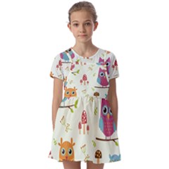 Forest Seamless Pattern With Cute Owls Kids  Short Sleeve Pinafore Style Dress