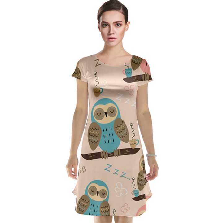 Seamless Pattern Owls Dream Cute Style Pajama Fabric Cap Sleeve Nightdress