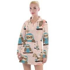 Seamless Pattern Owls Dream Cute Style Pajama Fabric Women s Long Sleeve Casual Dress by Apen