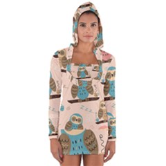 Seamless Pattern Owls Dream Cute Style Pajama Fabric Long Sleeve Hooded T-shirt