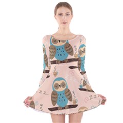 Seamless Pattern Owls Dream Cute Style Pajama Fabric Long Sleeve Velvet Skater Dress by Apen