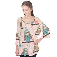 Seamless Pattern Owls Dream Cute Style Pajama Fabric Flutter Sleeve T-Shirt 