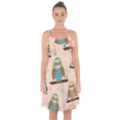 Seamless Pattern Owls Dream Cute Style Pajama Fabric Ruffle Detail Chiffon Dress