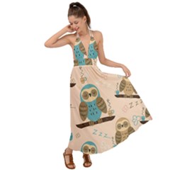 Seamless Pattern Owls Dream Cute Style Pajama Fabric Backless Maxi Beach Dress