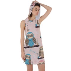 Seamless Pattern Owls Dream Cute Style Pajama Fabric Racer Back Hoodie Dress