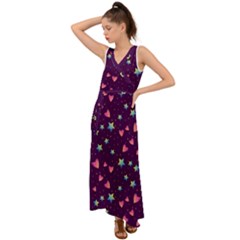 Colorful Stars Hearts Seamless Vector Pattern V-Neck Chiffon Maxi Dress