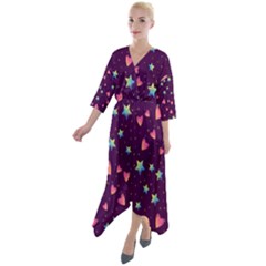 Colorful Stars Hearts Seamless Vector Pattern Quarter Sleeve Wrap Front Maxi Dress