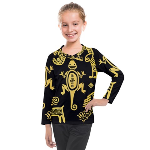 Mexican Culture Golden Tribal Icons Kids  Long Mesh T-shirt by Apen