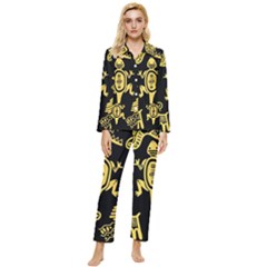 Mexican Culture Golden Tribal Icons Womens  Long Sleeve Velvet Pocket Pajamas Set