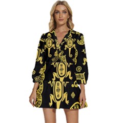 Mexican Culture Golden Tribal Icons V-neck Placket Mini Dress by Apen