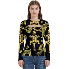 Mexican Culture Golden Tribal Icons Women s Cut Out Long Sleeve T-shirt