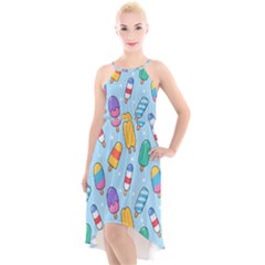 Cute Kawaii Ice Cream Seamless Pattern High-low Halter Chiffon Dress 