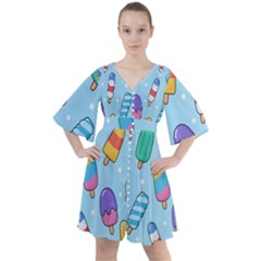 Cute Kawaii Ice Cream Seamless Pattern Boho Button Up Dress by Apen