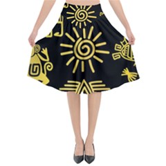 Maya Style Gold Linear Totem Icons Flared Midi Skirt