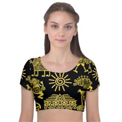 Maya Style Gold Linear Totem Icons Velvet Short Sleeve Crop Top  by Apen