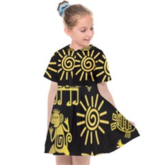 Maya Style Gold Linear Totem Icons Kids  Sailor Dress