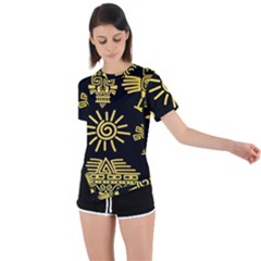 Maya Style Gold Linear Totem Icons Asymmetrical Short Sleeve Sports T-shirt by Apen