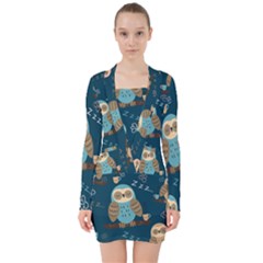 Seamless Pattern Owls Dreaming V-neck Bodycon Long Sleeve Dress