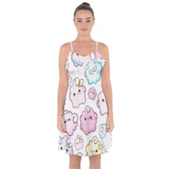 Cute Doodle Cartoon Seamless Pattern Ruffle Detail Chiffon Dress