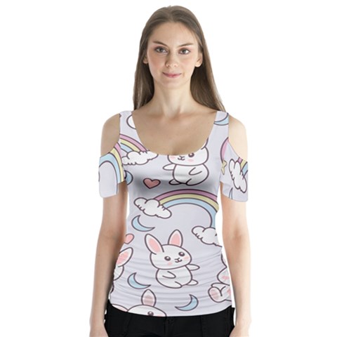 Seamless Pattern With Cute Rabbit Character Butterfly Sleeve Cutout T-shirt  by Apen