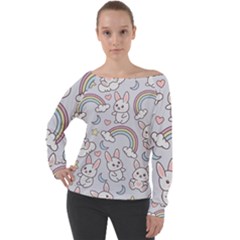 Seamless Pattern With Cute Rabbit Character Off Shoulder Long Sleeve Velour Top by Apen