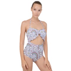 Seamless Pattern With Cute Rabbit Character Scallop Top Cut Out Swimsuit by Apen