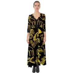 Golden Indian Traditional Signs Symbols Button Up Boho Maxi Dress