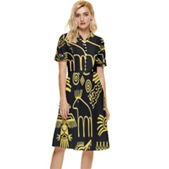 Golden Indian Traditional Signs Symbols Button Top Knee Length Dress