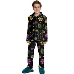 Embroidery Seamless Pattern With Flowers Kids  Long Sleeve Velvet Pajamas Set