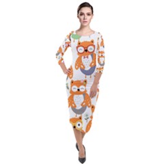 Cute Colorful Owl Cartoon Seamless Pattern Quarter Sleeve Midi Velour Bodycon Dress