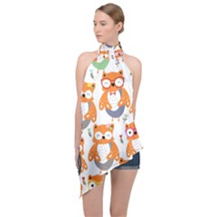 Cute Colorful Owl Cartoon Seamless Pattern Halter Asymmetric Satin Top by Apen