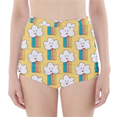Smile Cloud Rainbow Pattern Yellow High-waisted Bikini Bottoms by Apen