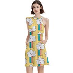 American Golden Ancient Totems Cocktail Party Halter Sleeveless Dress With Pockets