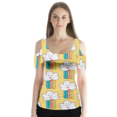 Smile Cloud Rainbow Pattern Yellow Butterfly Sleeve Cutout T-shirt  by Apen