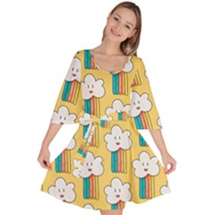 Smile Cloud Rainbow Pattern Yellow Velour Kimono Dress by Apen