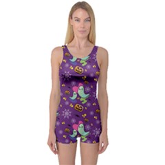 Pumpkin Ghost Skeleton Pattern One Piece Boyleg Swimsuit