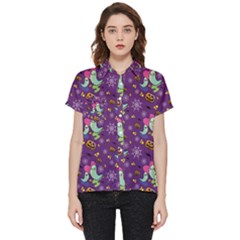 Pumpkin Ghost Skeleton Pattern Short Sleeve Pocket Shirt