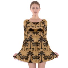 Camel Palm Tree Patern Long Sleeve Skater Dress