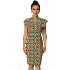 Pattern Design Vintage Abstract Vintage Frill Sleeve V-neck Bodycon Dress