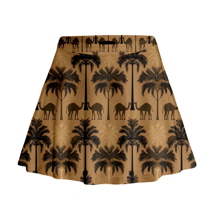 Camel Palm Tree Patern Mini Flare Skirt