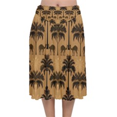 Camel Palm Tree Patern Velvet Flared Midi Skirt by Jatiart