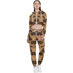 Camel Palm Tree Patern Cropped Zip Up Lounge Set by Jatiart