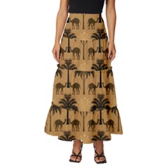 Camel Palm Tree Patern Tiered Ruffle Maxi Skirt