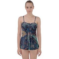 Vintage Peacock Feather Babydoll Tankini Set