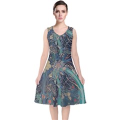 Flowers Trees Forest V-neck Midi Sleeveless Dress 