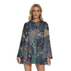 Vintage Peacock Feather Round Neck Long Sleeve Bohemian Style Chiffon Mini Dress