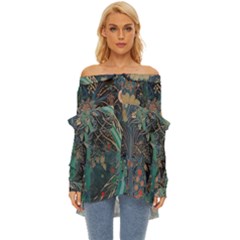 Flowers Trees Forest Off Shoulder Chiffon Pocket Shirt