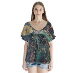 Vintage World Map V-neck Flutter Sleeve Top by Jatiart