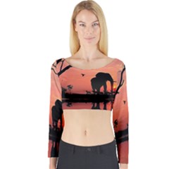 Elephant Landscape Tree Africa Sunset Safari Wild Long Sleeve Crop Top