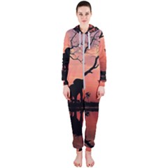 Elephant Landscape Tree Africa Sunset Safari Wild Hooded Jumpsuit (ladies) by Jatiart